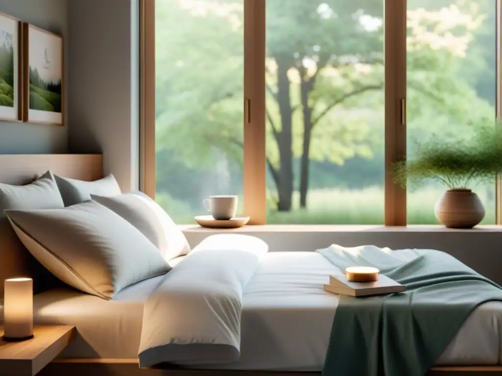 Bedroom moderno y sereno, con cama confortable, luz suave y vista al jardín Acogedora habitación moderna con ambiente tranquilo, cama cómoda, iluminación suave y vista al jardín