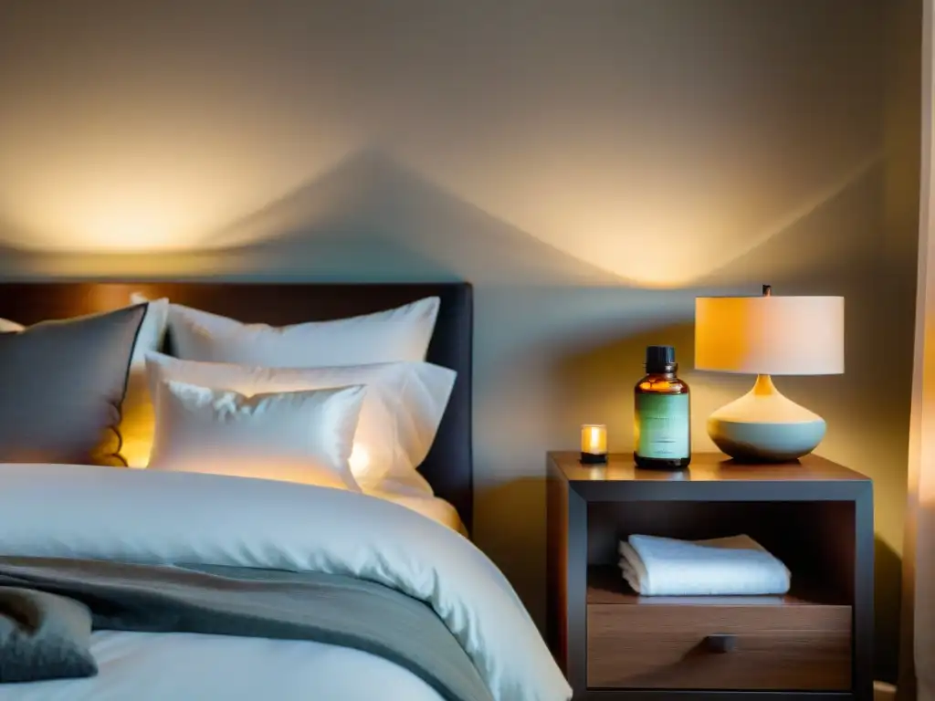 Suite de descanso sereno con esencia relajante Acogedora habitación con suplementos de magnesio para dormir, cama suave, luz cálida y decoración relajante
