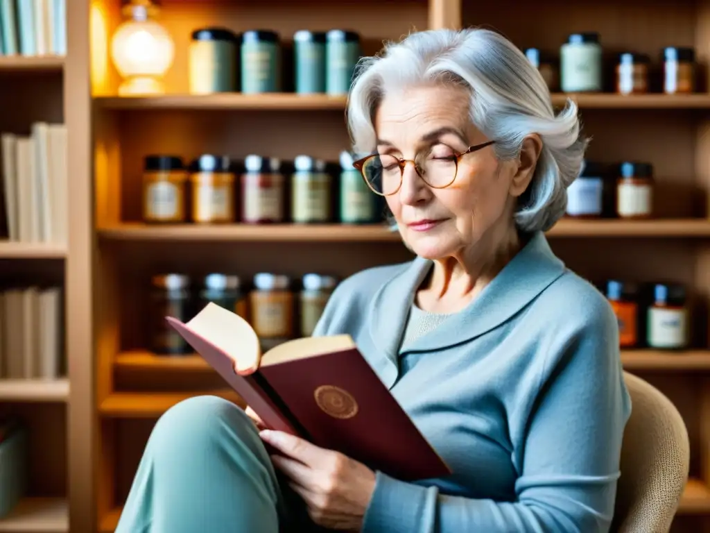Sabiduría y lectura en la tercera edad: la mujer de la biblioteca Una anciana con cabello plateado leyendo en una habitación soleada llena de libros y suplementos para salud geriátrica, irradiando sabiduría y bienestar