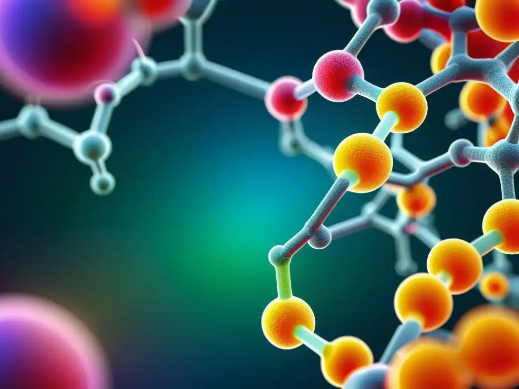 Interacción molecular: Glucosamina y Anticoagulantes Interacción molecular entre glucosamina y anticoagulantes, con colores vibrantes y detalles intrincados