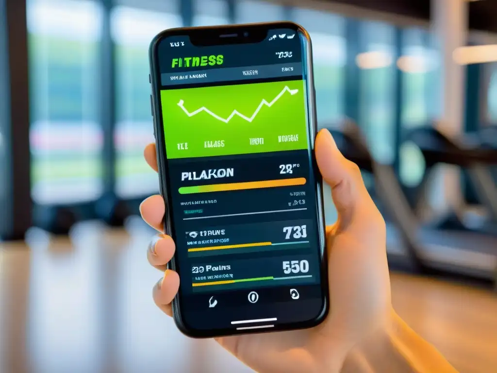 App fitness de alta tecnología en smartphone Una app fitness en un smartphone moderno con los mejores apps suplementos deportistas, envuelto en un ambiente futurista de gimnasio