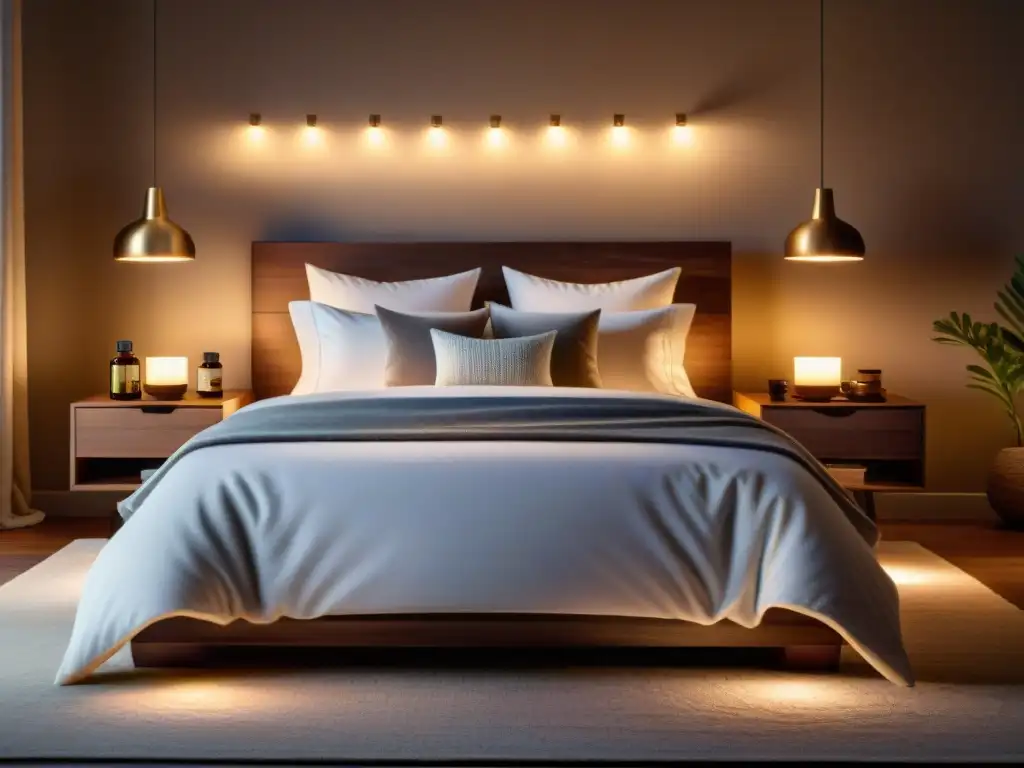 Dormitorio relajante con aromaterapia para un sueño reparador Aromaterapia nocturna para mejorar sueño: una habitación tranquila con iluminación cálida, difusor de aceites esenciales y cama acogedora
