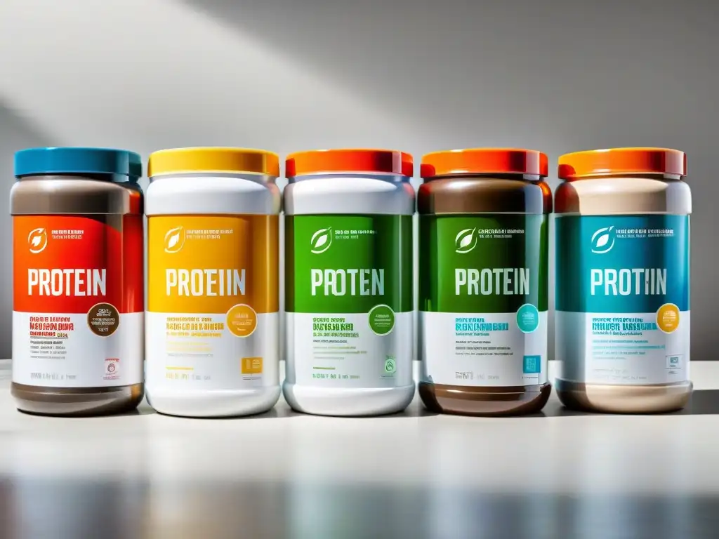 Proteínas Fitness: Diversidad y Profesionalismo Un arreglo detallado de contenedores de proteína con moderna tipografía y colores vibrantes, ideal para Crossfit y weightlifting