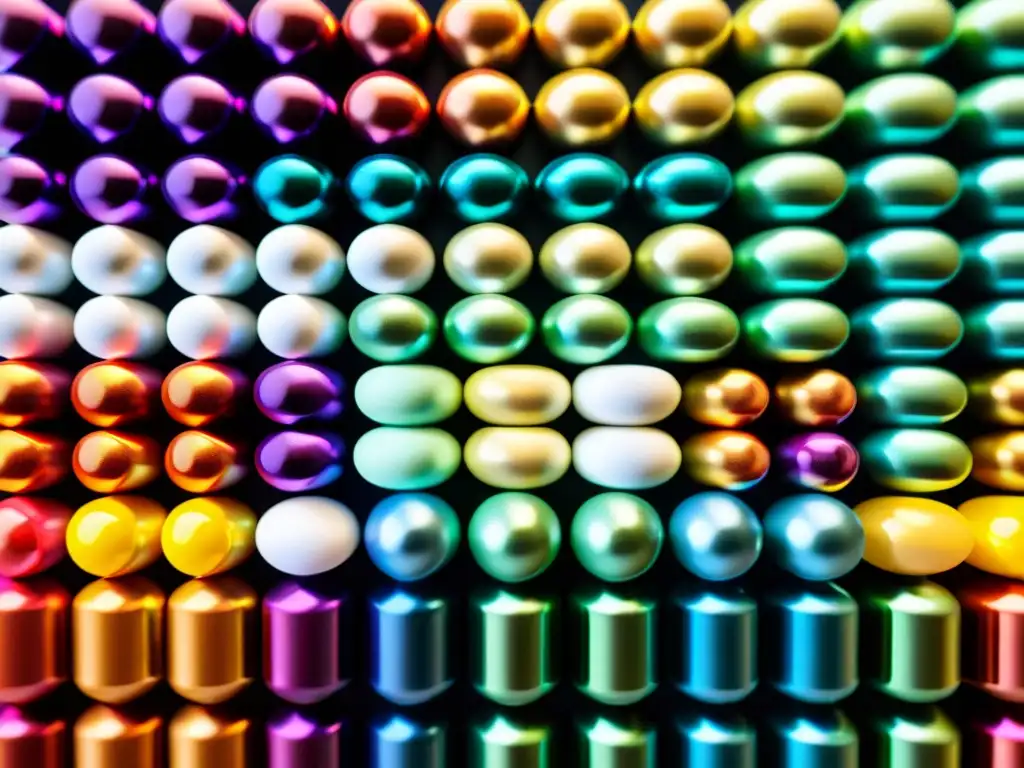 Suplementos coloridos: precisión y eficacia en cápsulas Un arreglo de suplementos coloridos en una superficie moderna y reflectante