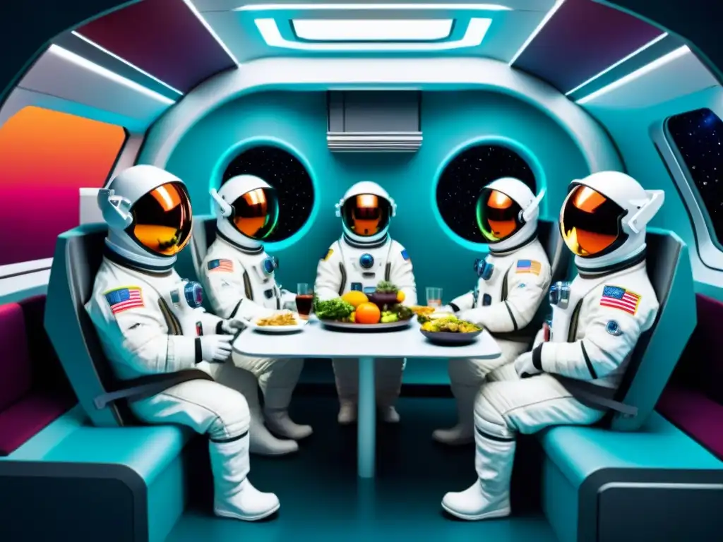 Comida espacial: astronautas disfrutan un festín futurista en la estación Astronautas disfrutan de una comida en una estación espacial futurista, con alimentos del espacio para suplementos flotando a su alrededor