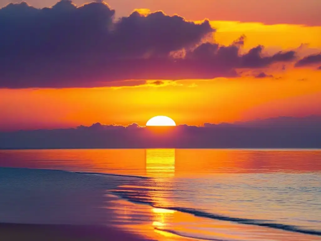 Un atardecer vibrante sobre el mar, con reflejos dorados y una paleta de colores cálidos