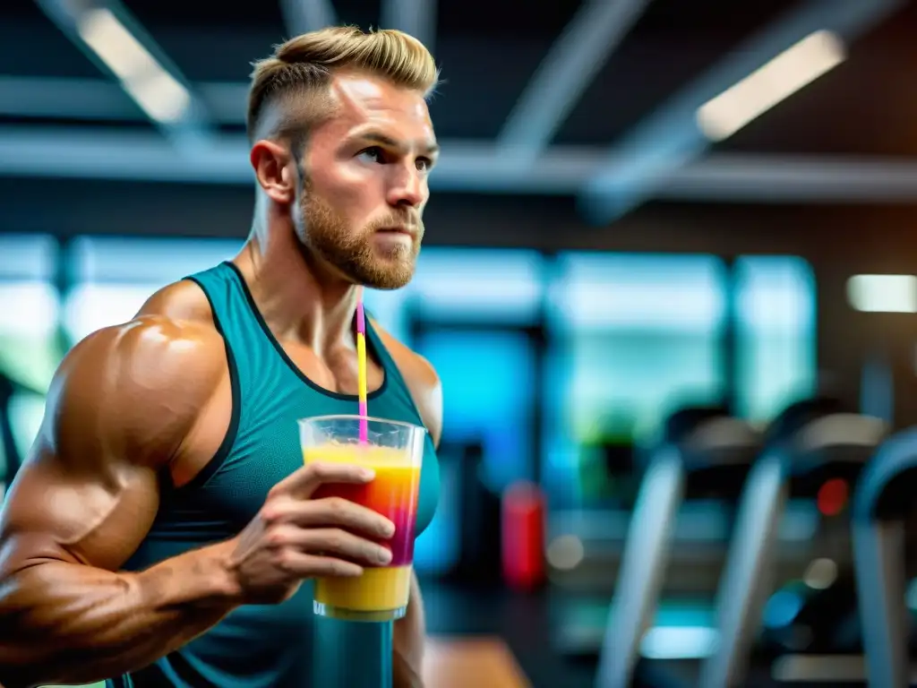 Atleta consumiendo smoothie antioxidante en el gimnasio Un atleta consumiendo un batido antioxidante en un intenso entrenamiento de resistencia, evocando vitalidad y beneficios antioxidantes en deportes