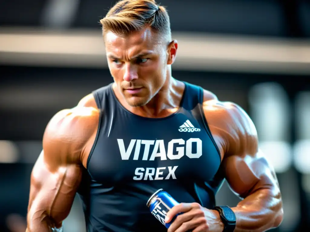 Atleta de resistencia con energía Vitargo: determinación y esfuerzo Un atleta consumiendo una bebida energética Vitargo durante un intenso entrenamiento, mostrando los beneficios del carbohidrato Vitargo en su rendimiento físico