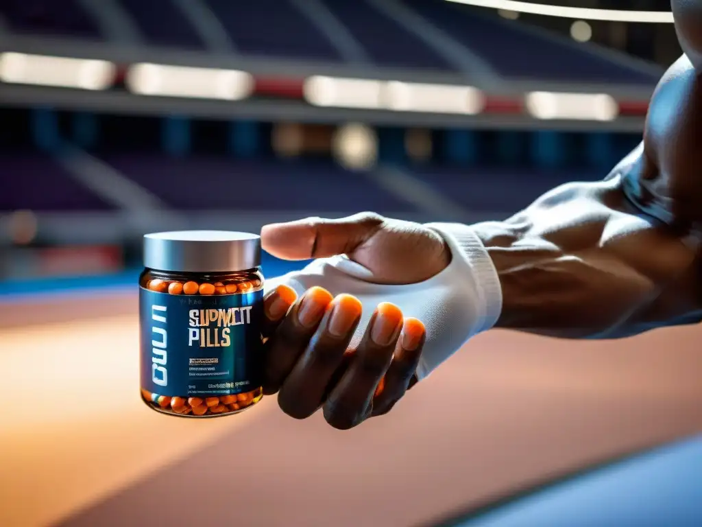 Mano sudorosa de atleta alcanzando píldoras futuristas Un atleta alcanza una botella futurista de suplementos, con manos sudorosas y músculos tensos, en un escenario deportivo de alta energía
