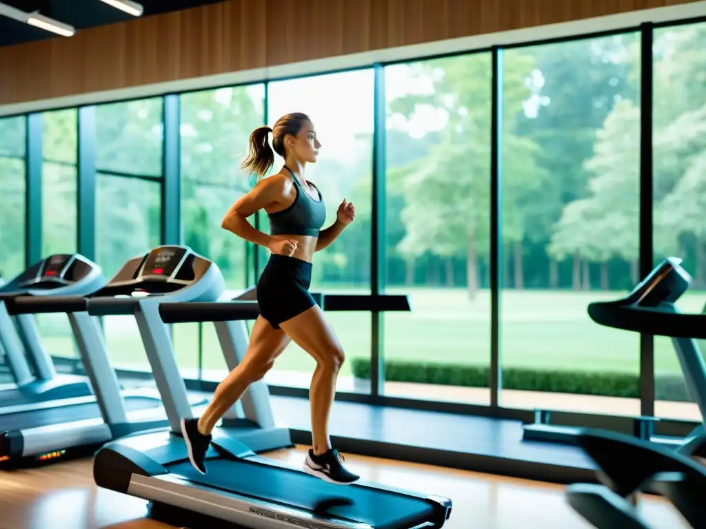 Atleta concentrado en un gimnasio moderno con luz natural Un atleta concentrado y sereno corre en un gimnasio moderno con luz natural