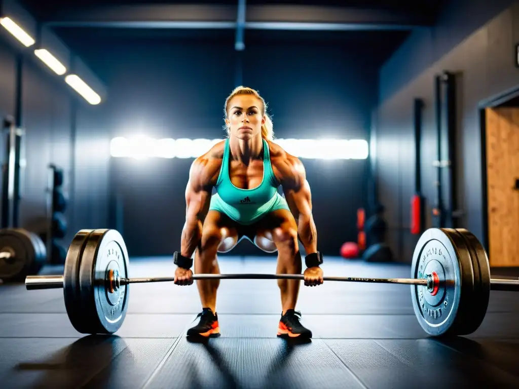 Musculatura definida en acción: Crossfit con determinación Un atleta de crossfit musculoso y determinado realiza un clean and jerk con una barra cargada en un moderno gimnasio