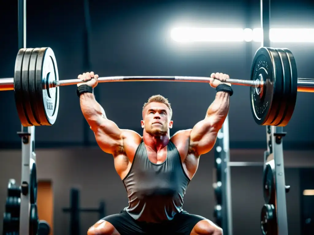 Levantamiento de pesas con determinación y sudor en un gimnasio moderno Un atleta de Crossfit levanta una pesada barra sobre su cabeza en un gimnasio moderno y luminoso