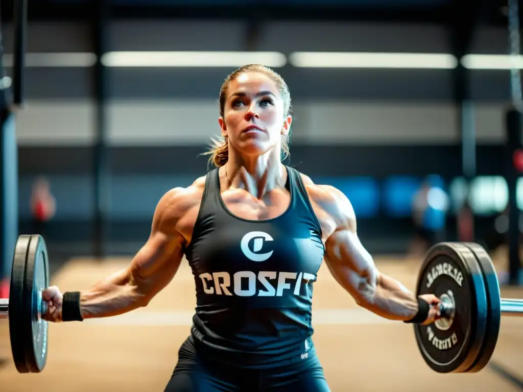 Intensa levantada en CrossFit: sudor y determinación en acción Un atleta de CrossFit levanta pesas con determinación y sudor, en un gimnasio moderno