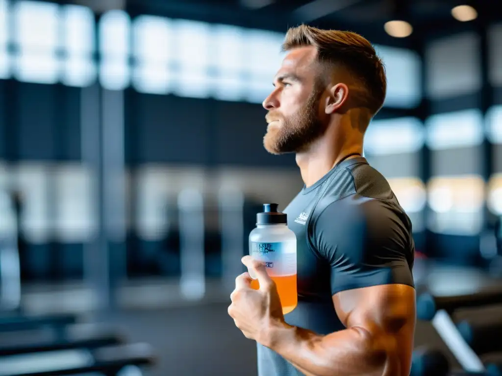 Atleta de crossfit hidratándose con suplementos Un atleta de crossfit se prepara con suplementos y agua en un moderno gimnasio