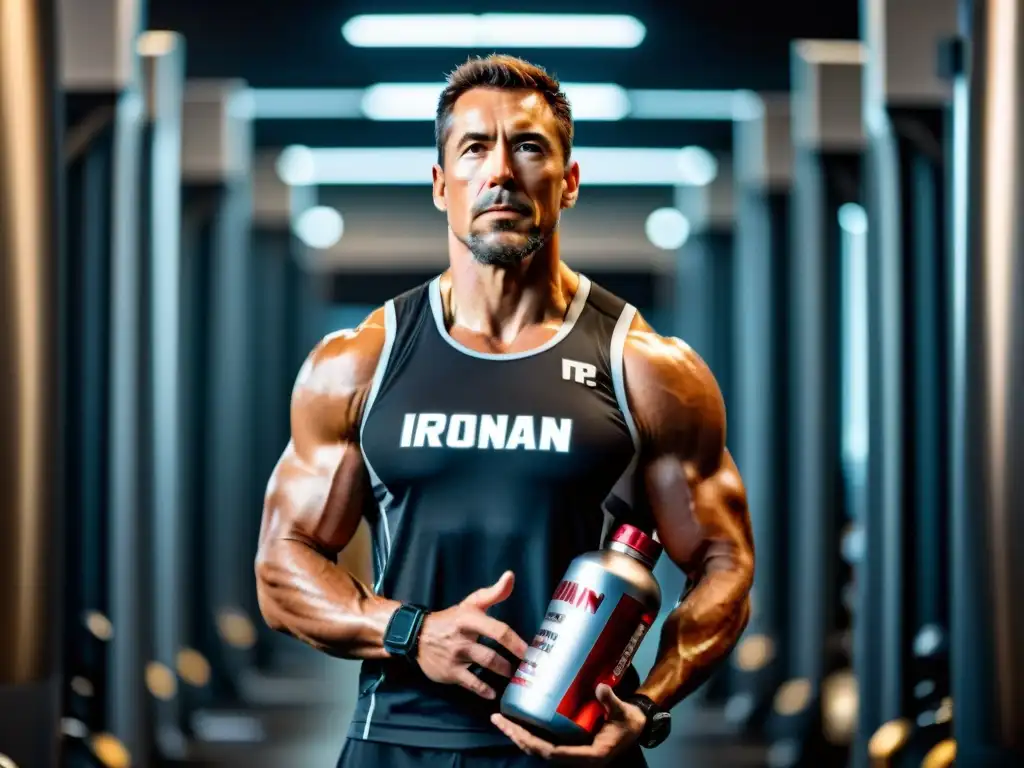 Atleta Ironman con suplemento de recuperación en gimnasio Un atleta determinado con equipamiento Ironman sostiene suplementos para recuperación rápida en un moderno gimnasio