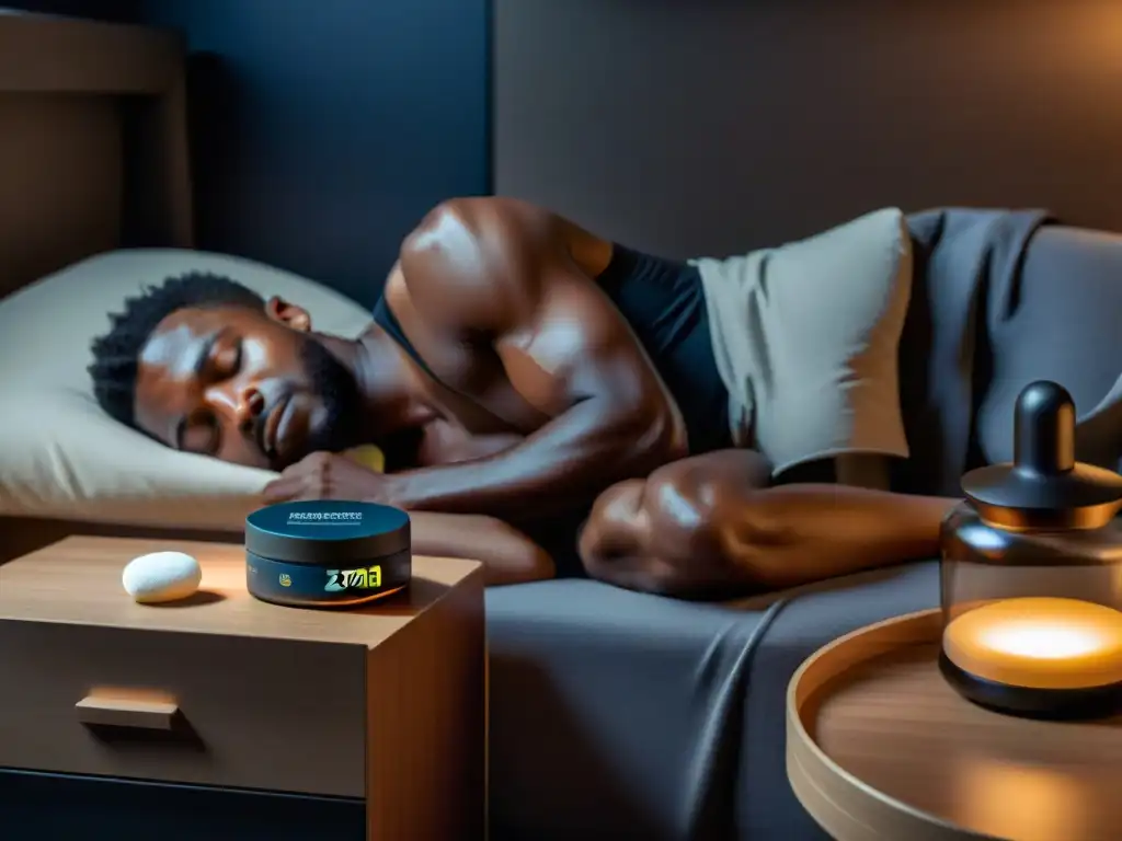 Un atleta descansando en su dormitorio, con ZMA y magnesio para recuperación nocturna