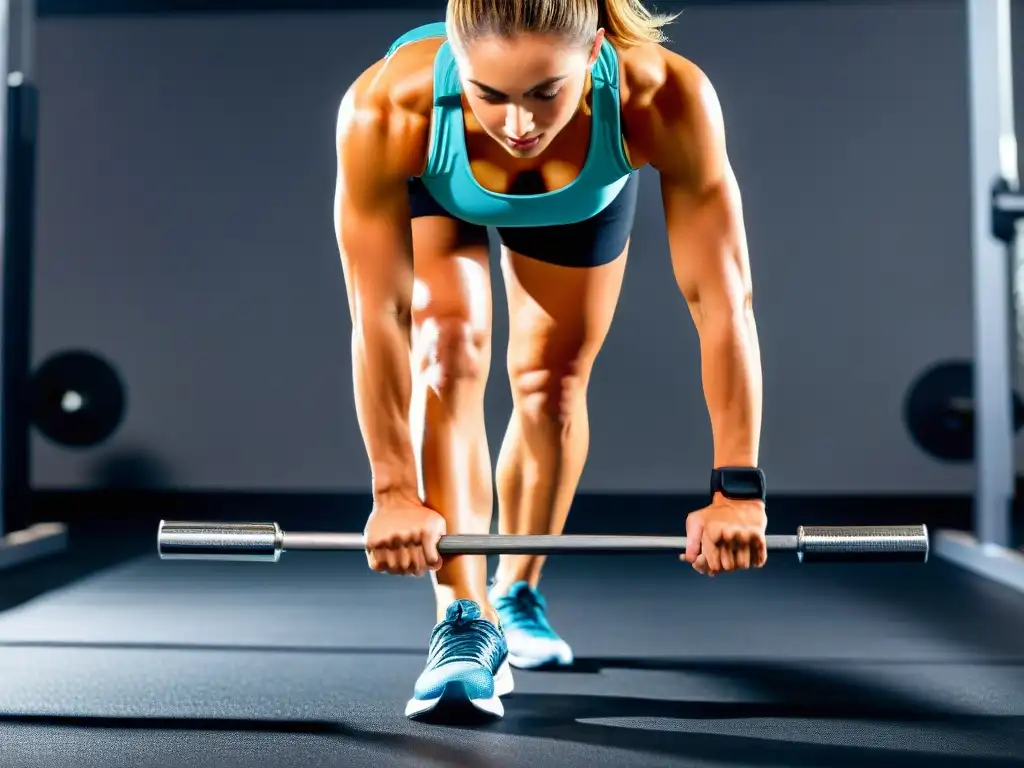 Atleta fuerte en acción: Ejercicio para huesos Una atleta realizando ejercicio en un moderno gimnasio, destacando la importancia de la salud ósea y los mejores suplementos deportistas