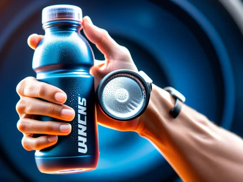 Agarre poderoso: atleta élite en laboratorio futurista Un atleta de élite se concentra mientras sostiene una botella de bebida deportiva en un laboratorio futurista