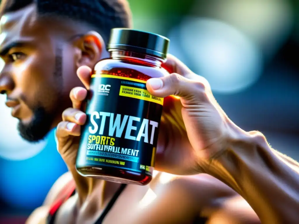 Poder y rendimiento: atleta profesional con suplementos de alta calidad Un atleta de élite sostiene con determinación un frasco de suplementos deportivos de alta calidad, con sudor en su piel y una mirada enfocada
