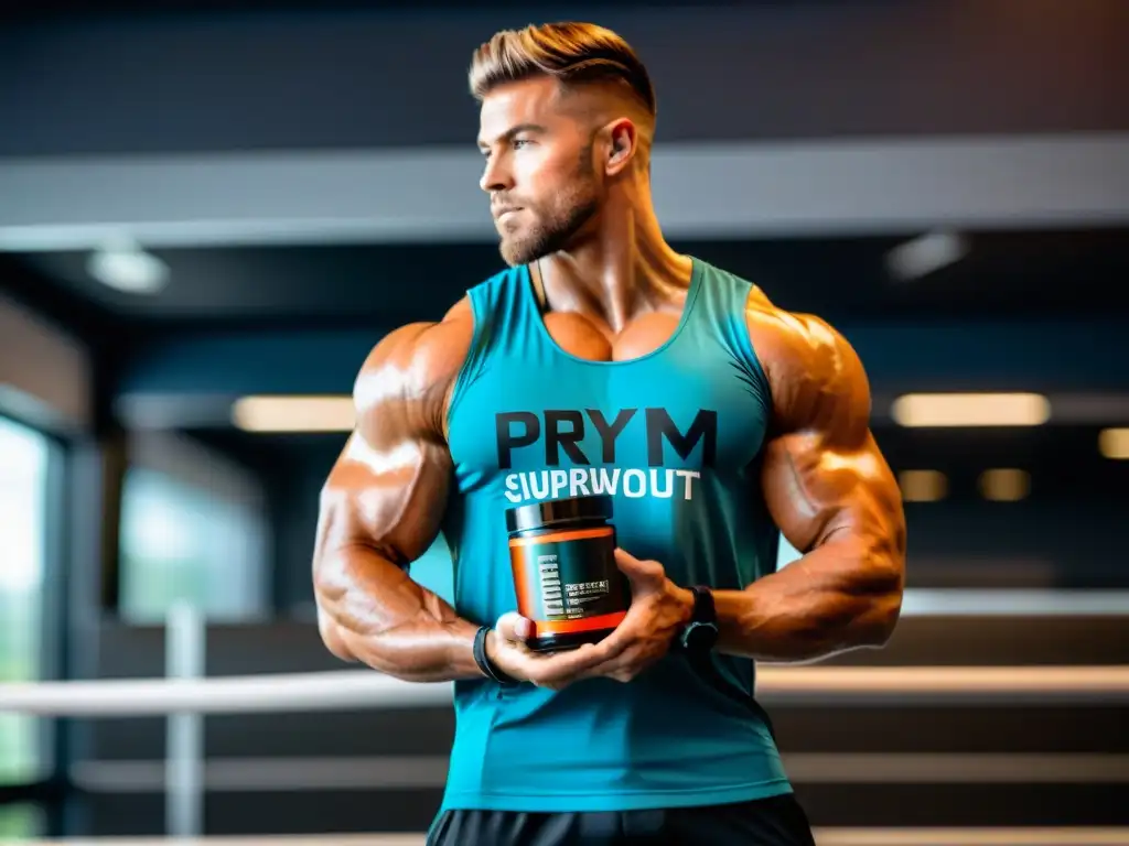 Potencia tu entrenamiento con el mejor preentreno Un atleta enérgico con suplementos preentrenamiento para energía explosiva, listo para el rendimiento máximo en el gimnasio