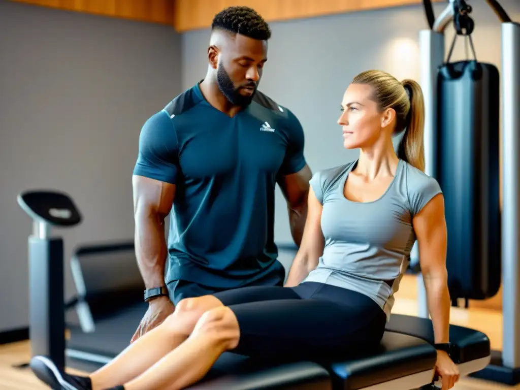 Recuperación neuromuscular: atleta y terapeuta en instalación de vanguardia Un atleta se recupera con un fisioterapeuta en una instalación de rehabilitación de vanguardia