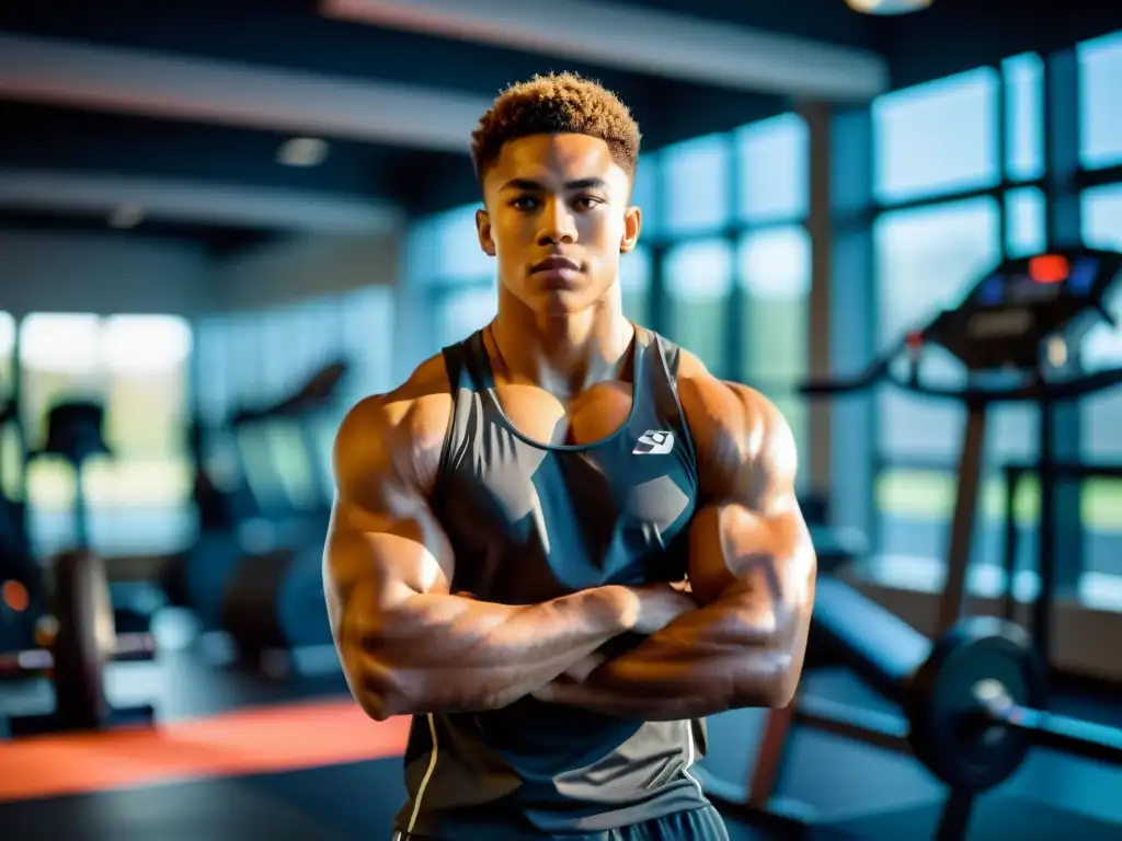 Atleta determinado en gimnasio moderno Un atleta joven se prepara para el entrenamiento en un gimnasio moderno, rodeado de equipos de vanguardia, con determinación en su rostro
