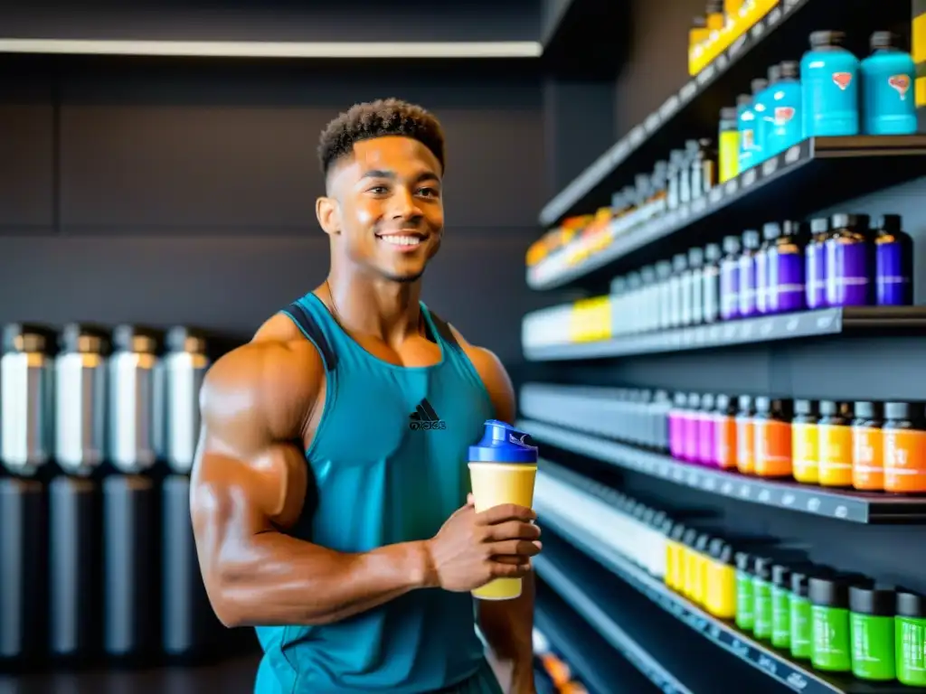 Preparándose para el éxito: atleta con suplementos deportivos Un atleta en un moderno gimnasio, con suplementos deportivos coloridos, preparado para llevar su carrera al siguiente nivel