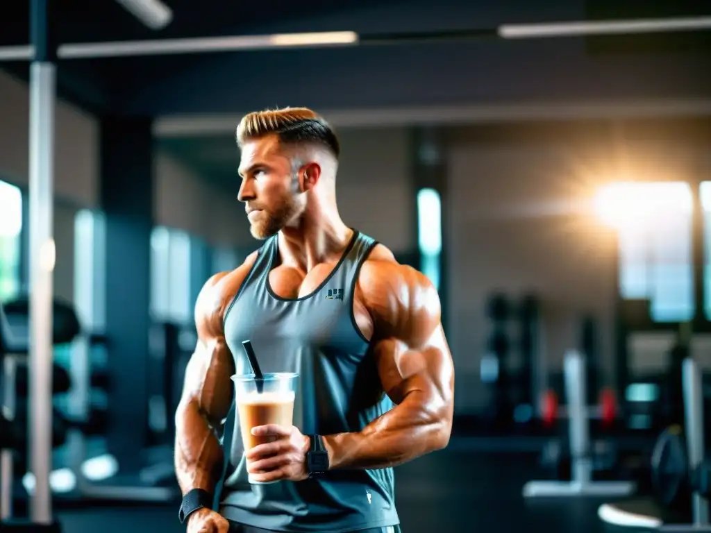 Atleta musculoso bebiendo batido de proteínas después del entrenamiento Un atleta musculoso bebe un batido de proteínas después del entrenamiento
