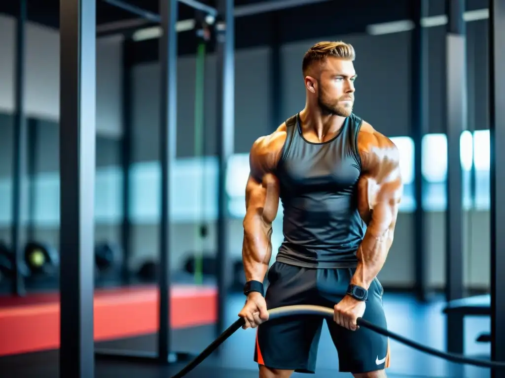 Musculatura definida: Atleta sudoroso en gimnasio moderno Un atleta musculoso realiza ejercicios con bandas de resistencia en un gimnasio moderno, demostrando concentración y determinación