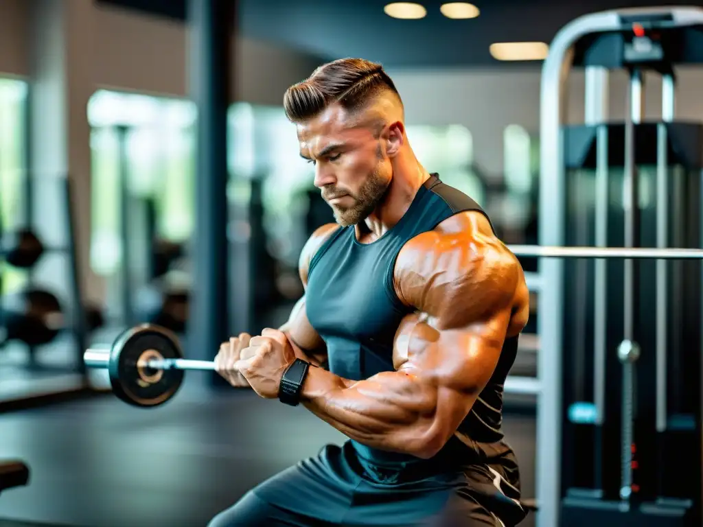 Atleta musculoso en el gimnasio: potencia y determinación Un atleta musculoso realiza entrenamiento de fuerza en un gimnasio moderno con equipo de vanguardia