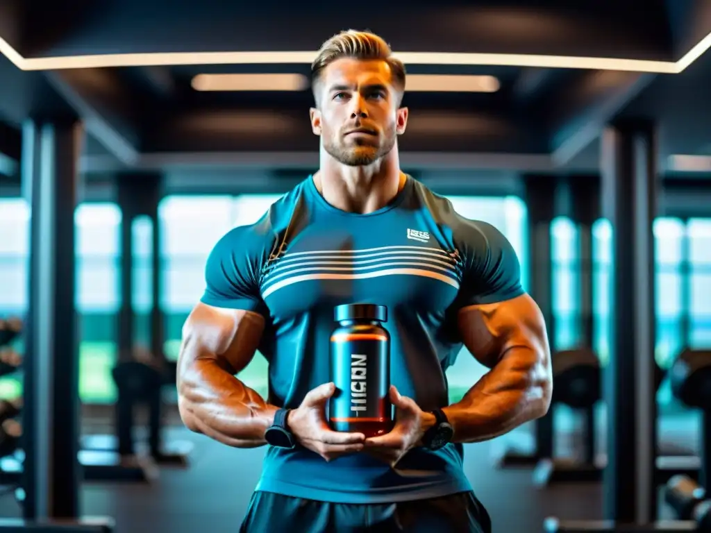 Preentrenamiento explosivo: atleta en gimnasio futurista Un atleta musculoso en un gimnasio futurista, sosteniendo un suplemento preentrenamiento para energía explosiva