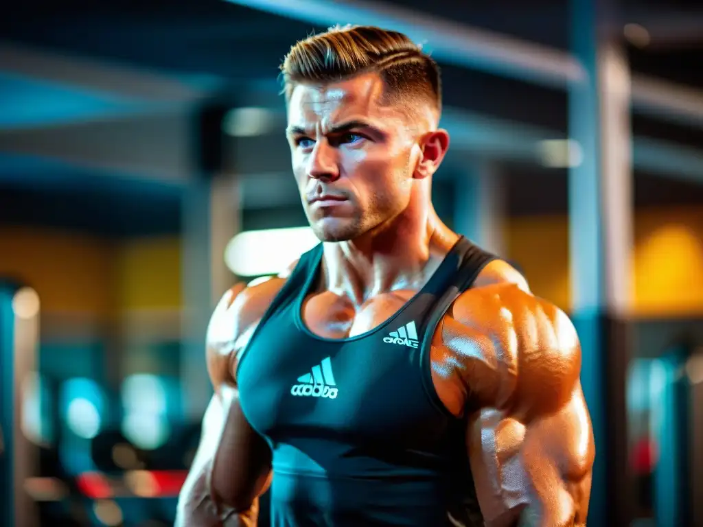 Atleta en Intenso Entrenamiento: Taurina para el Corazón Un atleta musculoso se concentra intensamente mientras entrena en un gimnasio moderno y vibrante