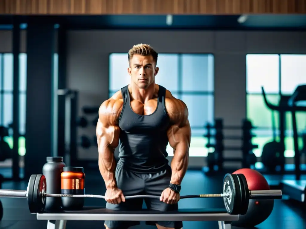 Entrenamiento intenso con suplementos de vanguardia Un atleta musculoso se ejercita en un gimnasio moderno rodeado de suplementos para crecimiento muscular óptimo en envases futuristas
