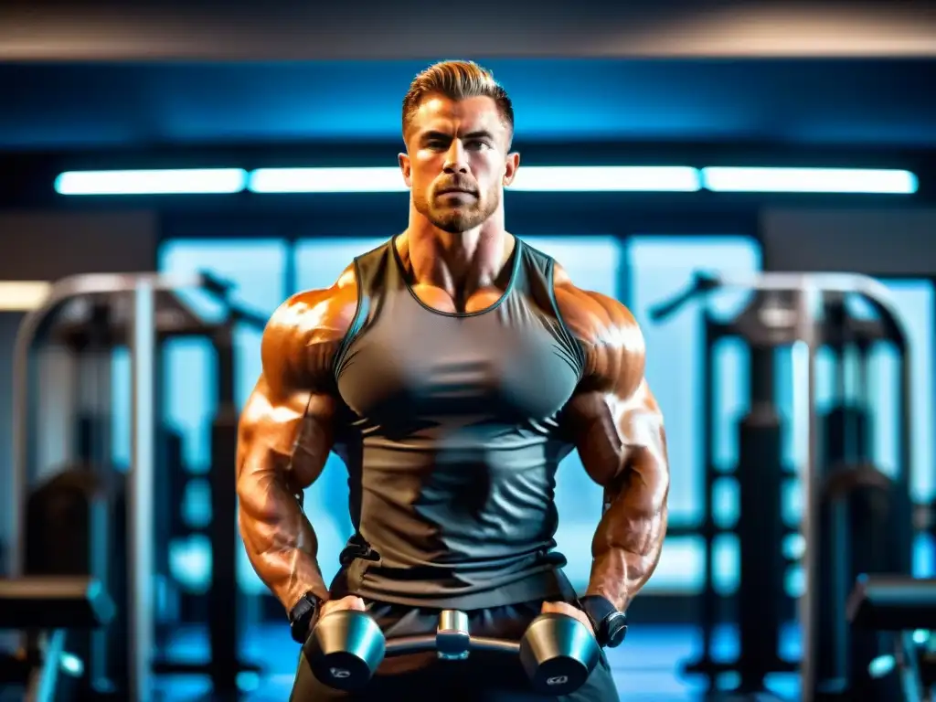 Atleta entrenando duro en gimnasio moderno Un atleta musculoso entrena en un gimnasio moderno con equipamiento avanzado, iluminación futurista y determinación