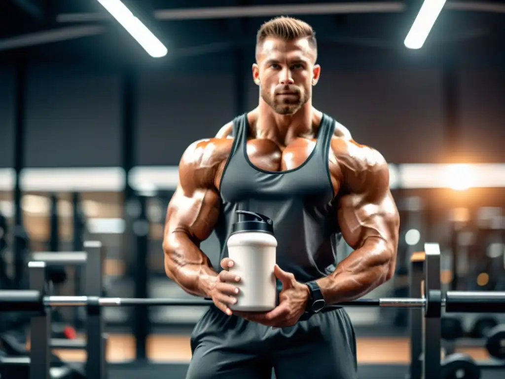 Atleta Musculoso Preparando Proteína en Gimnasio Moderno Un atleta musculoso en un gimnasio moderno, preparando proteína en polvo