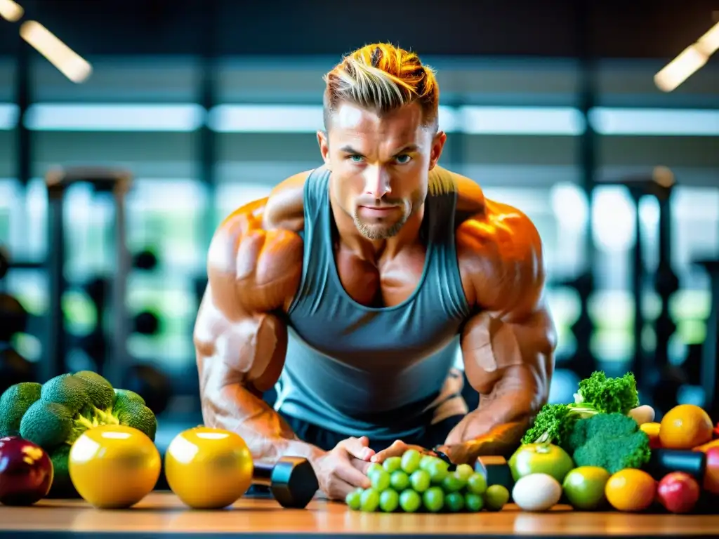 Atleta musculoso en gimnasio moderno, nutrición y suplementos Un atleta musculoso se ejercita en un gimnasio moderno rodeado de suplementos y alimentos saludables
