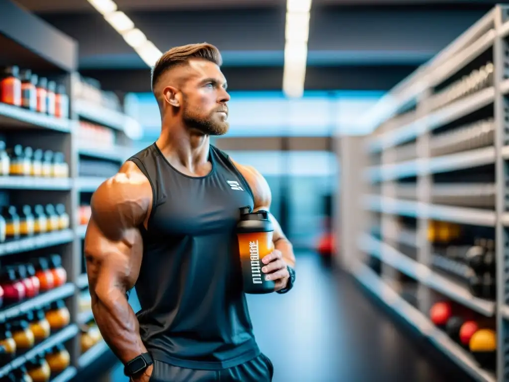 Atleta musculoso en gimnasio moderno con suplementos Un atleta musculoso en un gimnasio moderno con suplementos preentreno para aumentar masa, transmitiendo energía y determinación