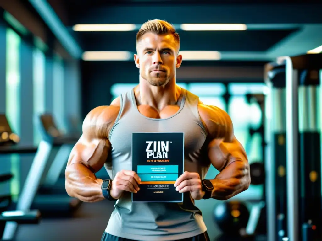 Atleta Fuerte con Plan de Dieta Rica en Zinc en Gimnasio Moderno Un atleta musculoso se ejercita en un gimnasio moderno, sosteniendo un plan de dieta rica en zinc, con alimentos como nueces, semillas y carnes magras
