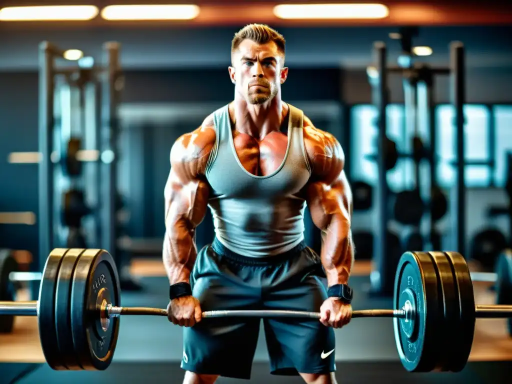 Levantamiento de pesas explosivo en gimnasio moderno Un atleta musculoso realiza un levantamiento de pesas explosivo en un moderno gimnasio, destacando su determinación y profesionalismo