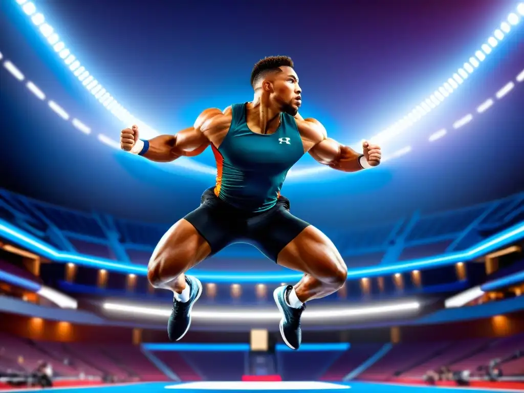 Salto potente en el estadio futurista: atleta en acción Un atleta musculoso salta con determinación en un moderno estadio deportivo