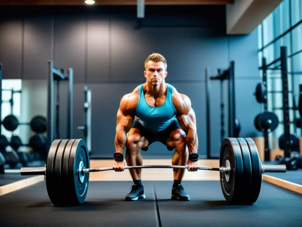 Un atleta musculoso levanta pesas con determinación en un gimnasio moderno y bien iluminado, transmitiendo fuerza y profesionalismo