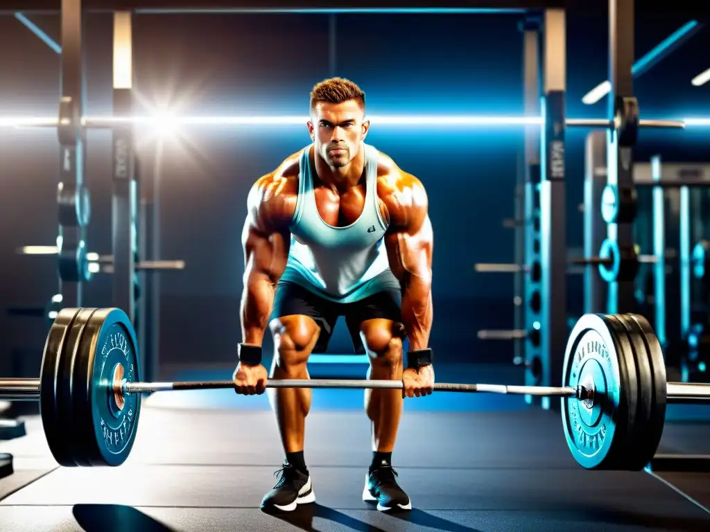 Un atleta musculoso levanta pesas en un gimnasio moderno y brillante, mostrando fuerza y poder