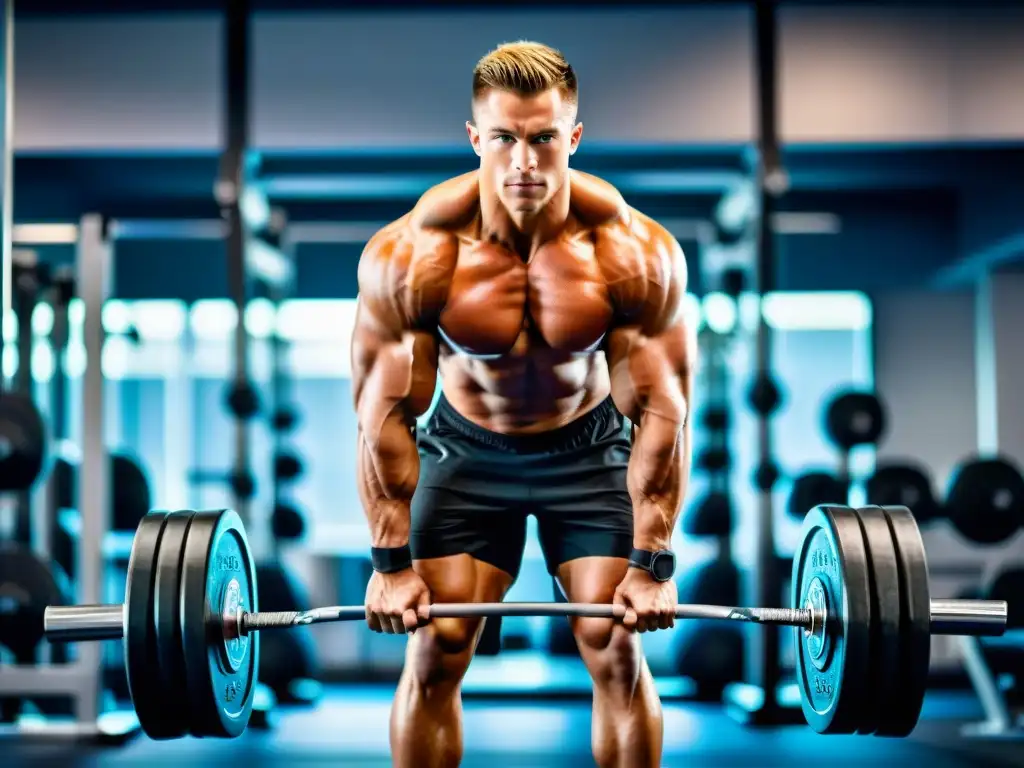 Un atleta musculoso levanta pesas con determinación en un gimnasio moderno y elegante