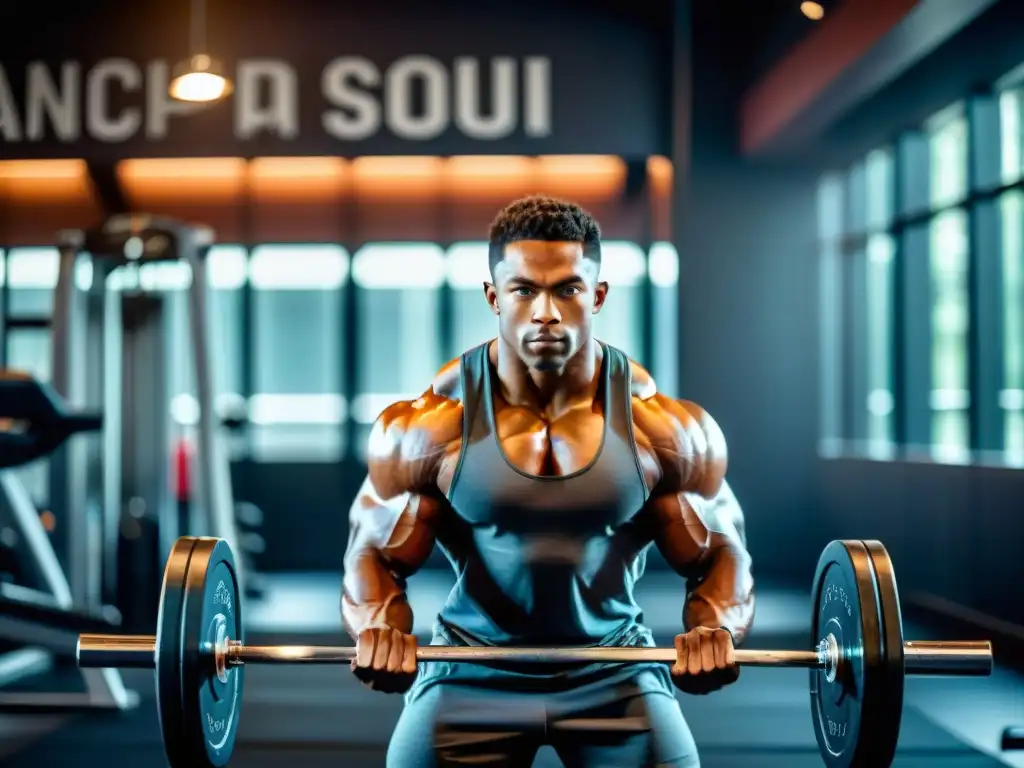 Atleta musculoso levantando pesas en gimnasio moderno Un atleta musculoso levanta pesas en un gimnasio moderno y elegante, mostrando determinación y fuerza