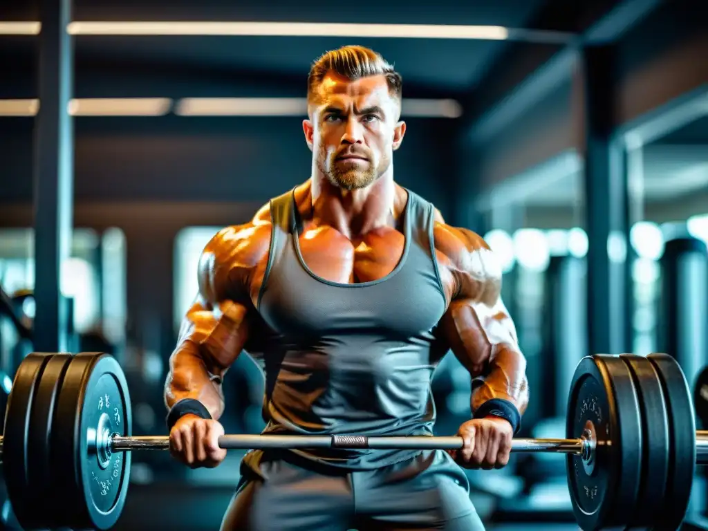 Un atleta musculoso levantando pesas en un gimnasio moderno, destacando la determinación y fuerza