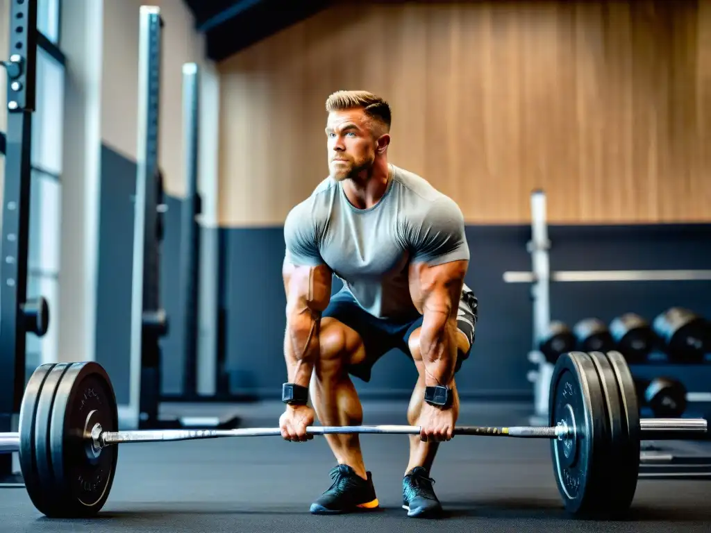Atleta de Crossfit levantando pesas con determinación Un atleta musculoso levanta pesas en un gimnasio, mostrando determinación y fuerza