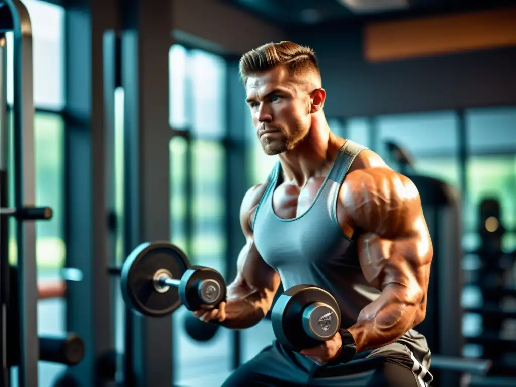 Musculoso levantando pesas en gimnasio moderno Un atleta musculoso levanta pesas en un moderno gimnasio, con intensidad y determinación