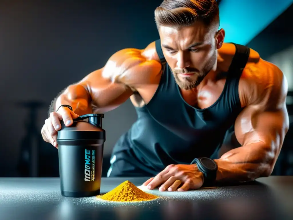 Musculoso vertiendo polvo preentrenamiento vibrante en botella Un atleta musculoso vierte polvo pre-entrenamiento en una botella, irradiando energía y preparación para el ejercicio intenso