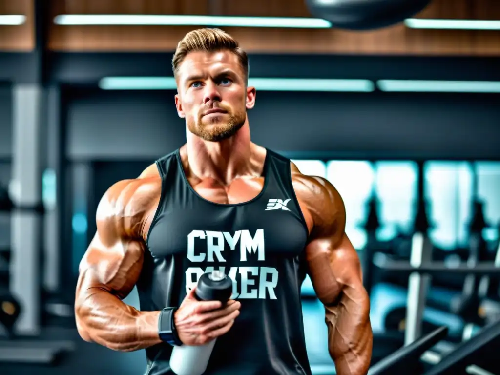 Atleta musculoso preparando su recuperación con creatina en gimnasio moderno Un atleta musculoso se prepara para mejorar su recuperación postentrenamiento con creatina, en un moderno y elegante gimnasio
