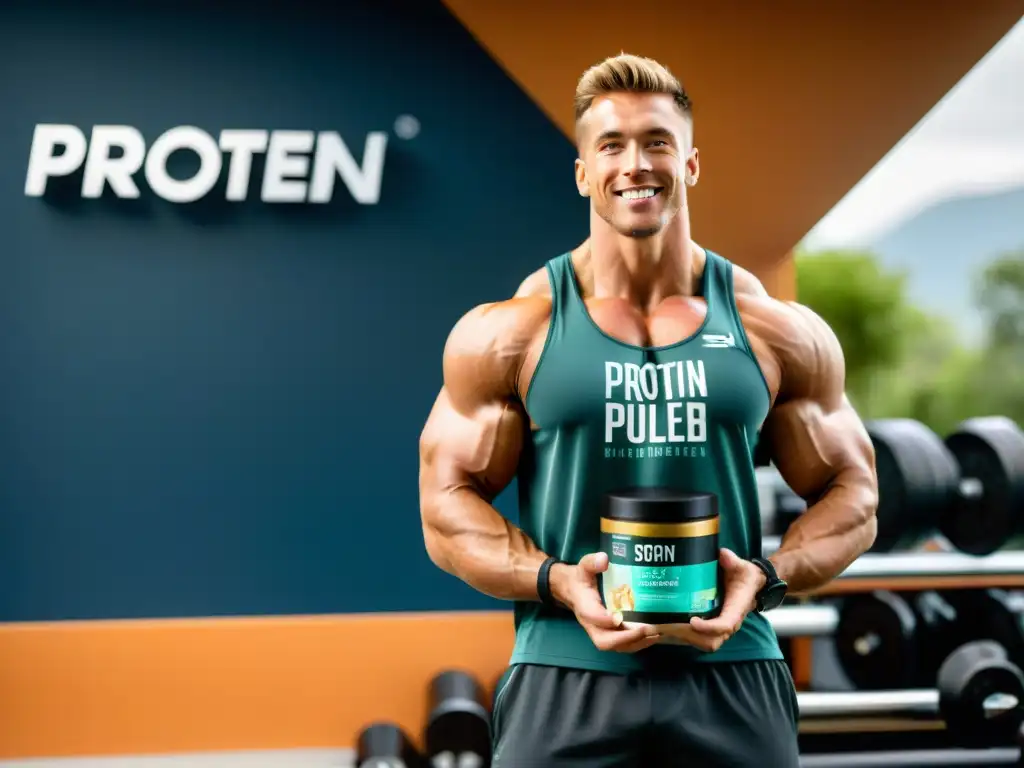 Suplementos Naturales para Recuperación Muscular Un atleta musculoso en ropa de entrenamiento sostiene suplementos naturales, destacando los ingredientes